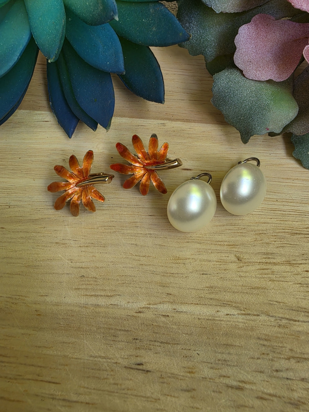Classic Signed Marvella Pearl Drop Earrings and Unsigned Orange Flower Clips Set